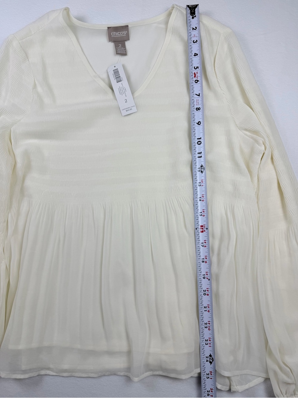 Chico's White V-Neck Long Sleeve Pleated Babydoll Blouse Size 2 / L NWT - Picture 5 of 7